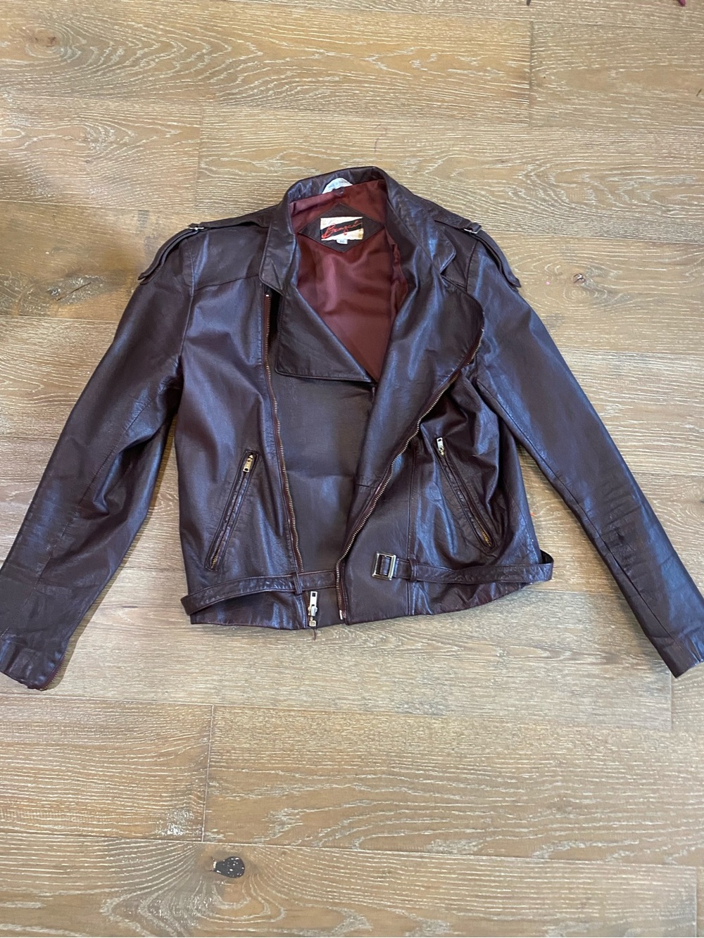Banzai 80s Leather Motorcycle Belted Zip Up Jacket Maroon Brown Draped Waterfall